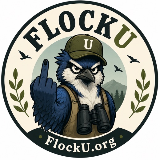 FlockU logo: a blue jay in a birding cap giving the middle feather